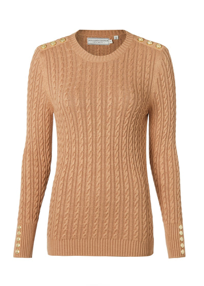 Holland Cooper Seattle Cable Crew Knitwear in Dark Camel Front