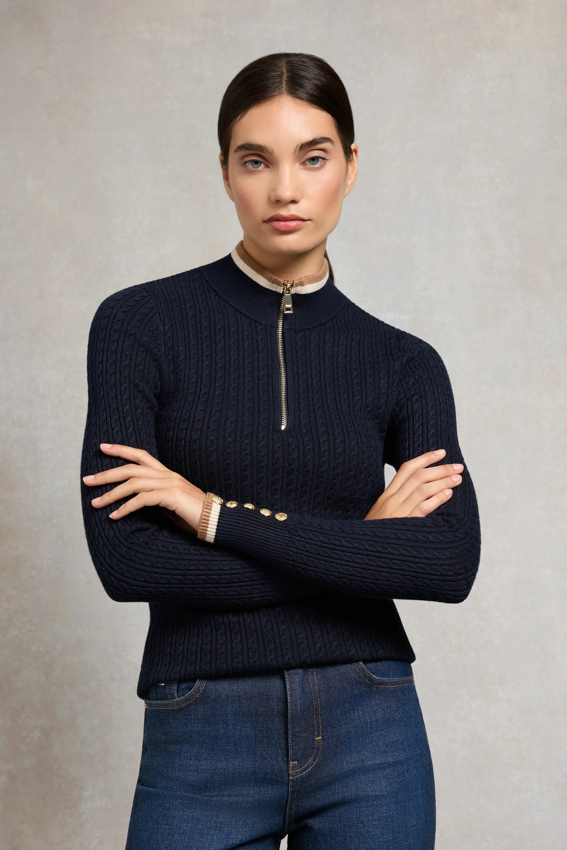 Holland Cooper Zoe Quarter Zip Knit Ladies Knitwear in Ink Navy