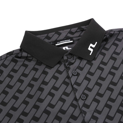 J.Lindeberg Tour Tech Print Polo Shirt in Geo Tonal Black Collar