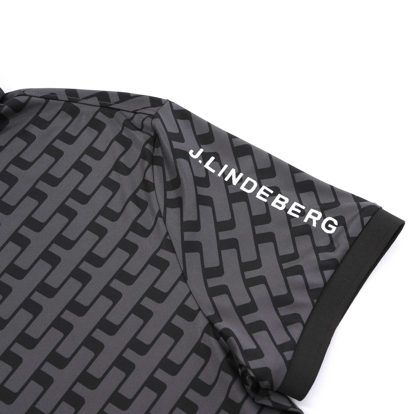 J.Lindeberg Tour Tech Print Polo Shirt in Geo Tonal Black Sleeve