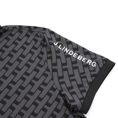 J.Lindeberg Tour Tech Print Polo Shirt in Geo Tonal Black Sleeve