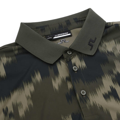 J.Lindeberg Tour Tech Print Polo Shirt in Warp Forest collar
