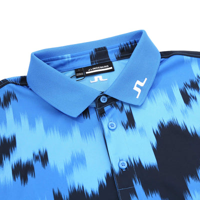 J.Lindeberg Tour Tech Print Polo Shirt in Warp Sonic Blue Collar