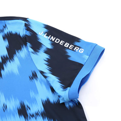 J.Lindeberg Tour Tech Print Polo Shirt in Warp Sonic Blue Sleeve