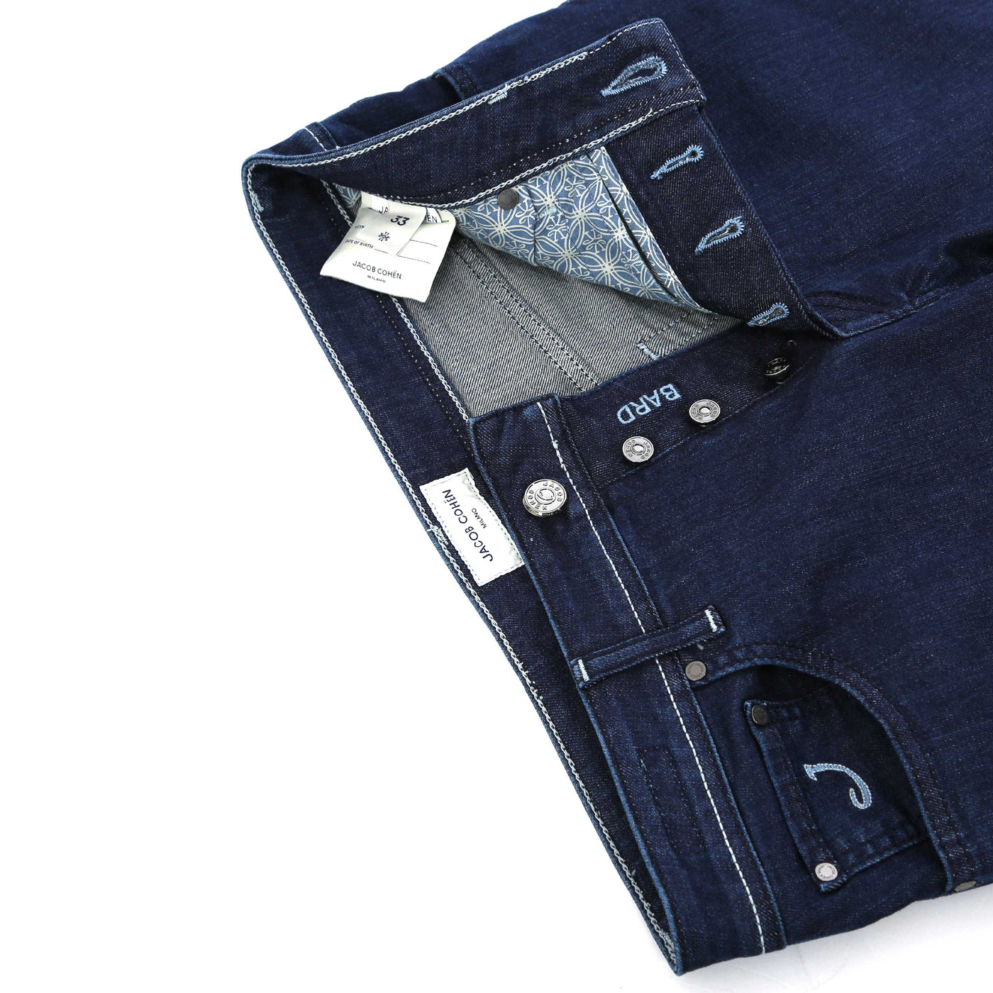 Jacob Cohen Bard Duck Egg Blue Badge Jean in Dark Blue Denim Fly