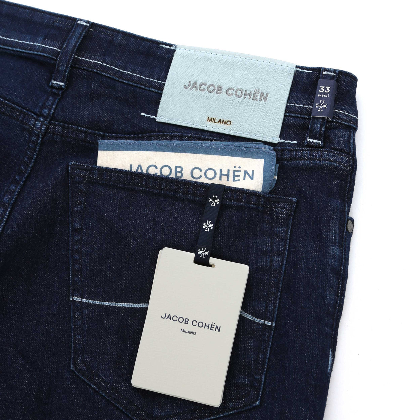 Jacob Cohen Bard Duck Egg Blue Badge Jean in Dark Blue Denim Logo Badge