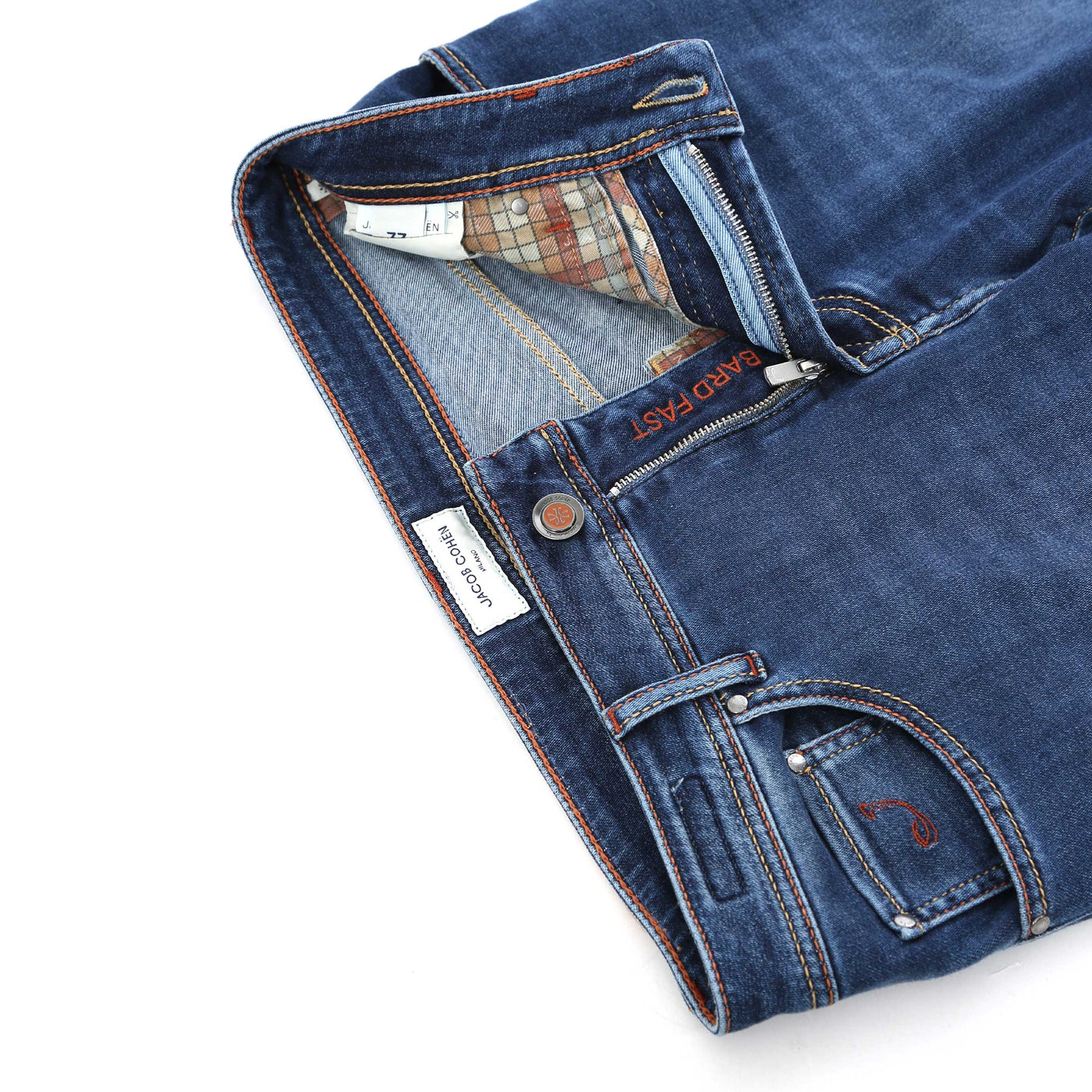 Jacob Cohen Bard Zip Tan Badge Jean in Mid Blue Denim Fly
