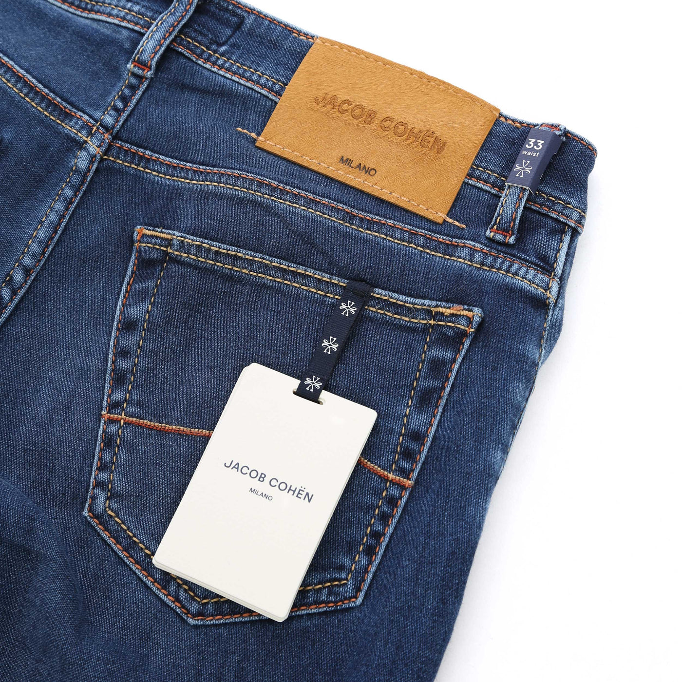 Jacob Cohen Bard Zip Tan Badge Jean in Mid Blue Denim Logo Badge