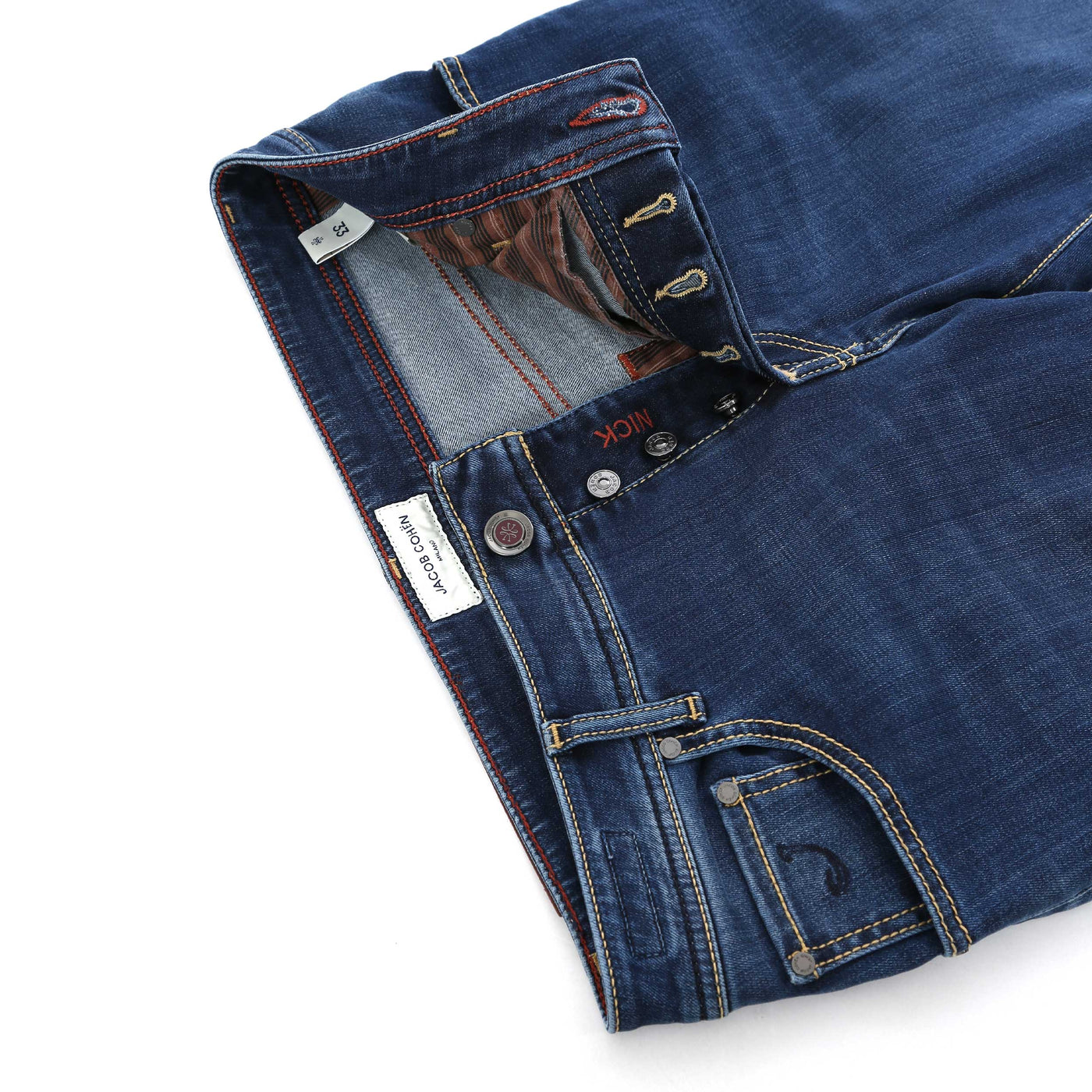 Jacob Cohen Nick Burgundy Badge Jean in Mid Blue Denim Fly