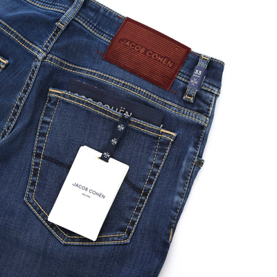 Jacob Cohen Nick Burgundy Badge Jean in Mid Blue Denim Logo Badge