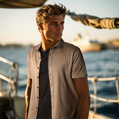 Pal Zileri Short Sleeve Button Thru Shirt in Taupe Model