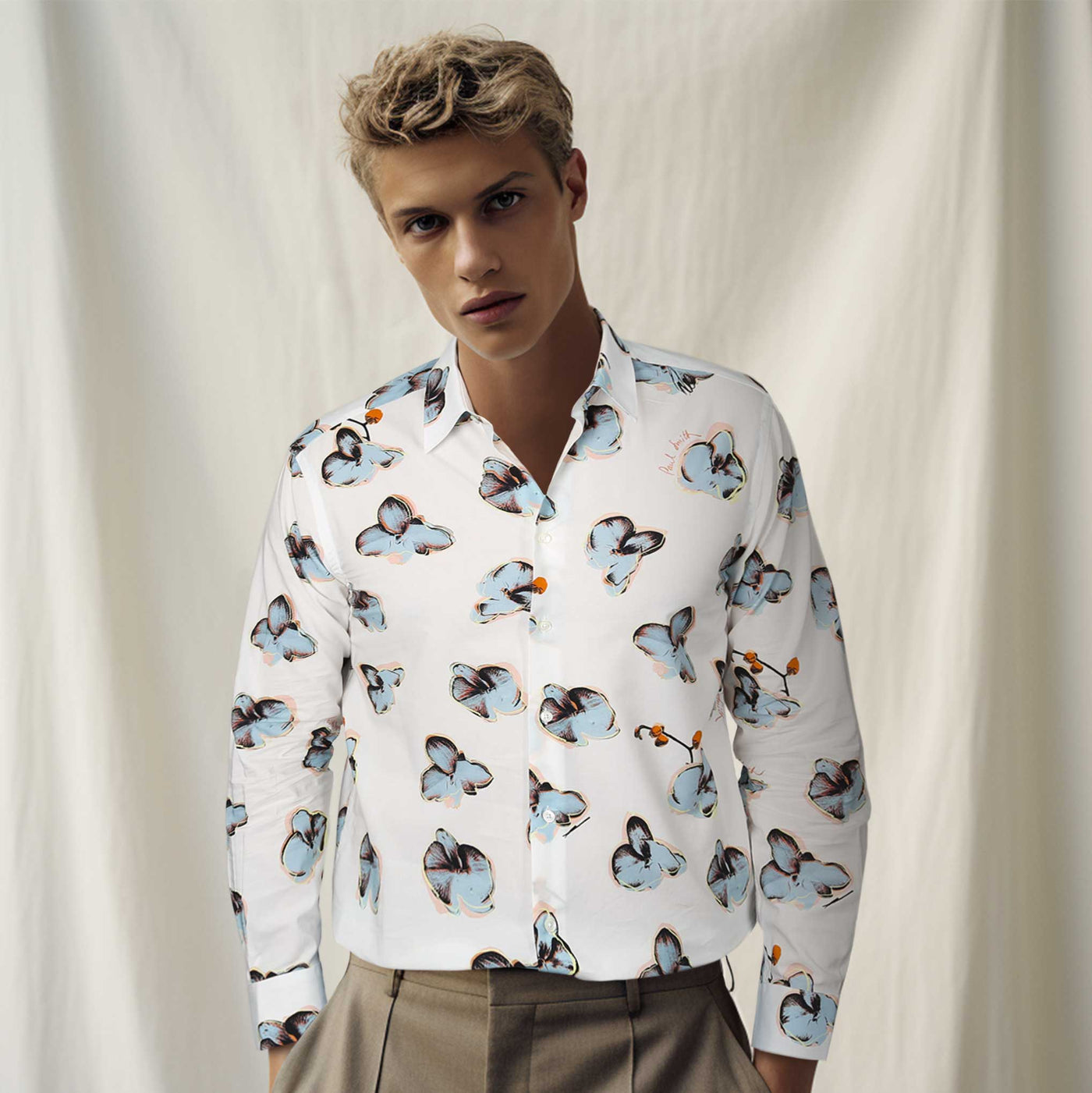 Paul Smith Floral Print Reg Fit Shirt in White Model