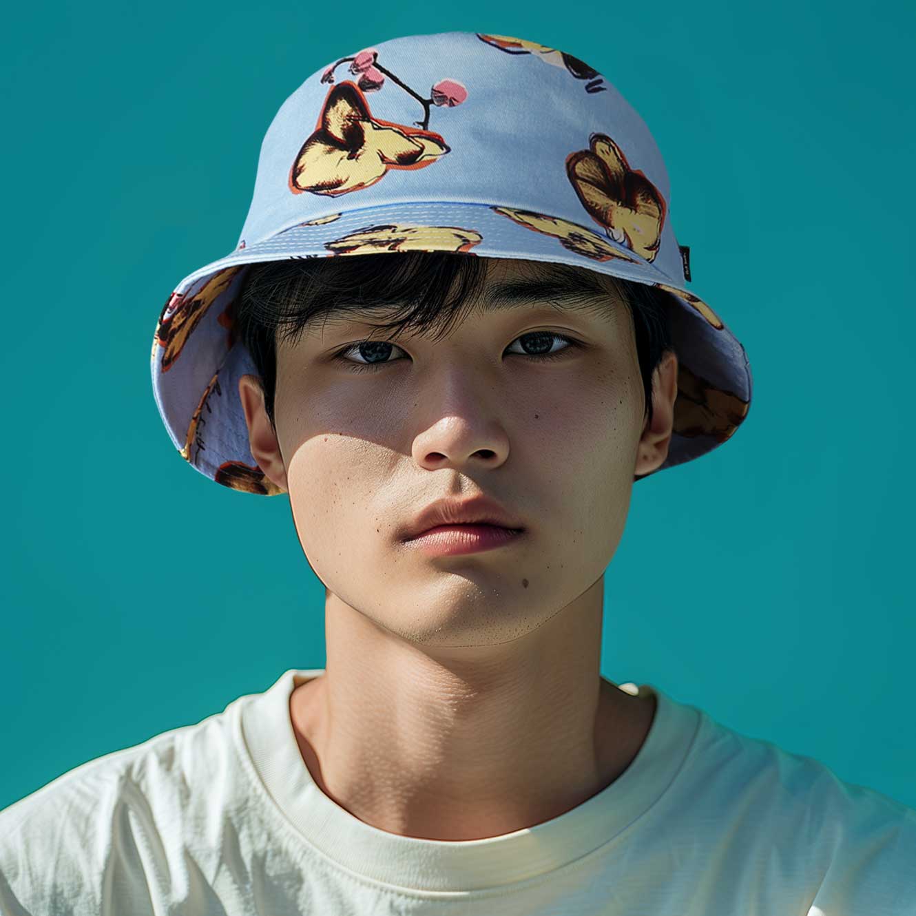 Paul Smith Orchids Bucket Hat in Cobalt Blue Model