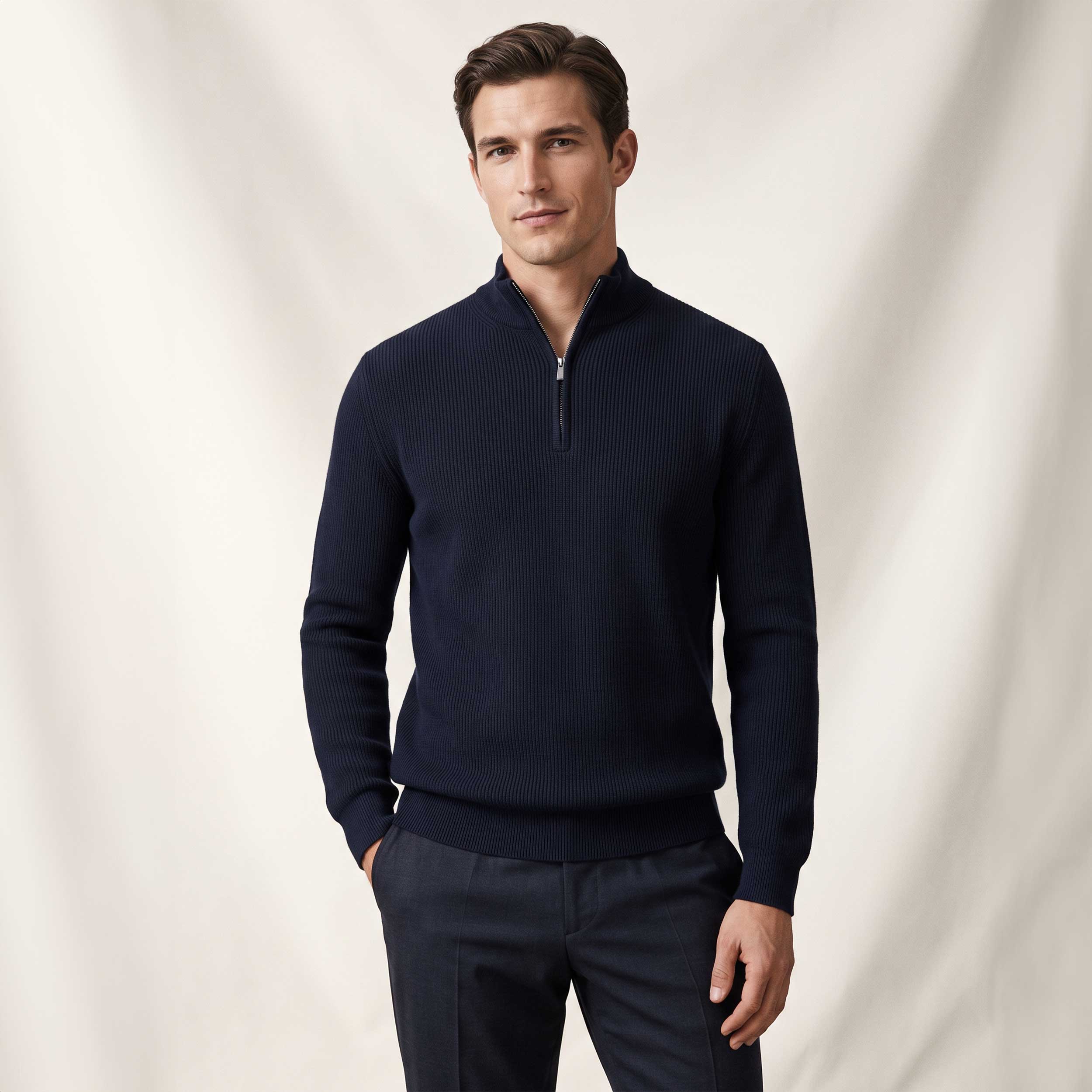 Remus Uomo Ribbed Quarter Zip Knitwear in Navy