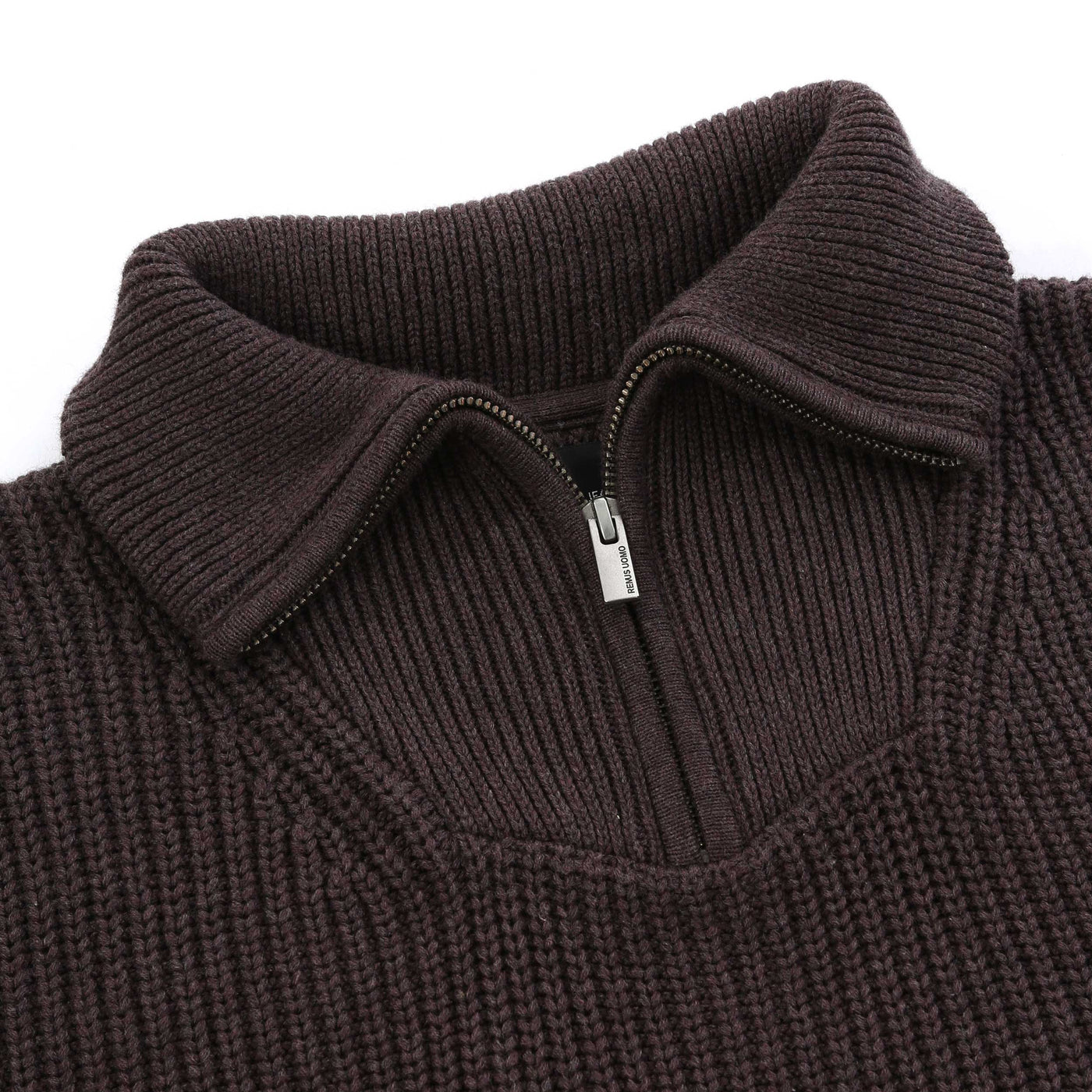 Remus Uomo Chunky Quarter Zip Knitwear in Brown Placket
