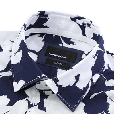 Remus Uomo Floral Linen SS Shirt in Navy Collar