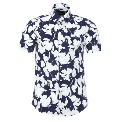 Remus Uomo Floral Linen SS Shirt in Navy