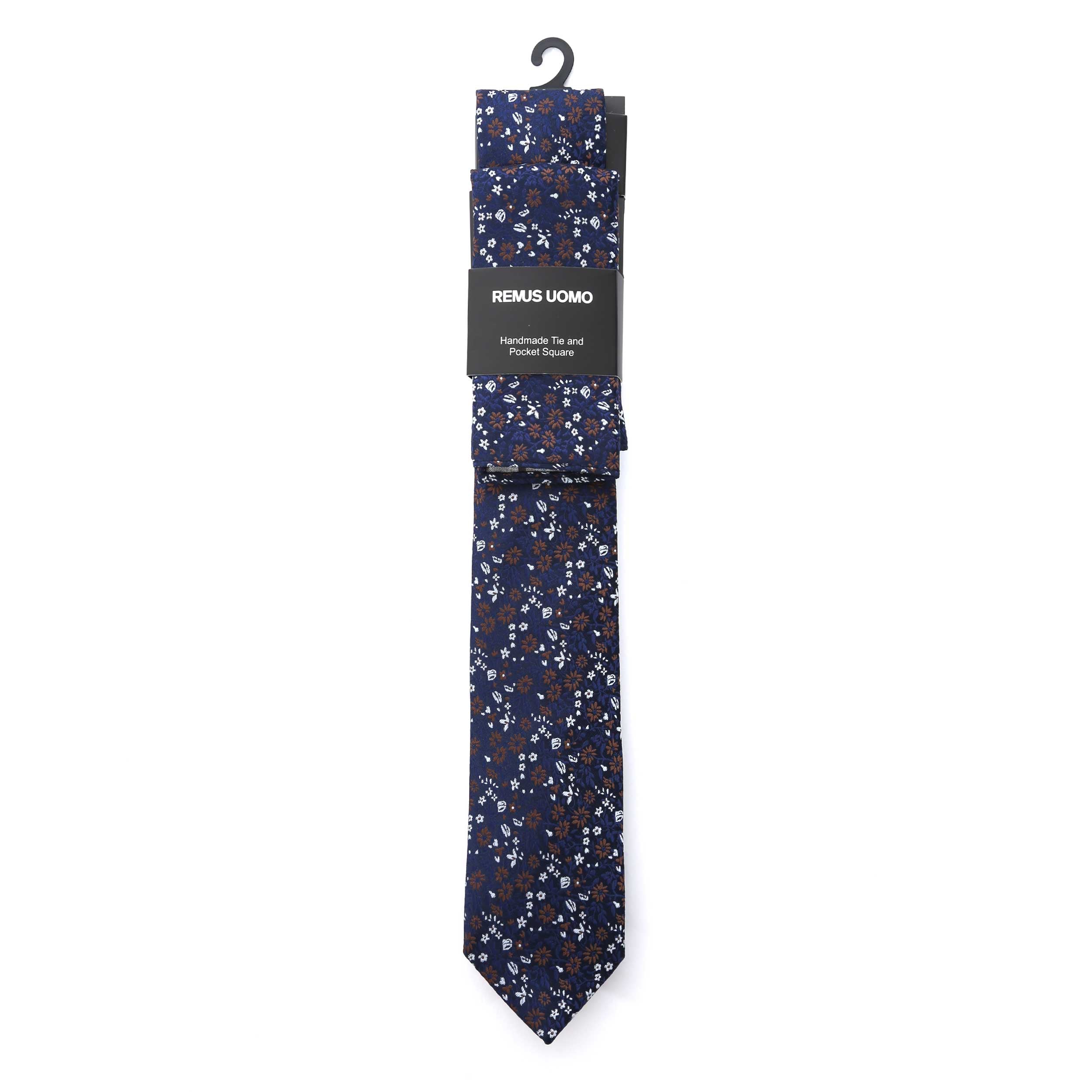 Remus Uomo Floral Tie & Pocket Square Set in Navy & Brown