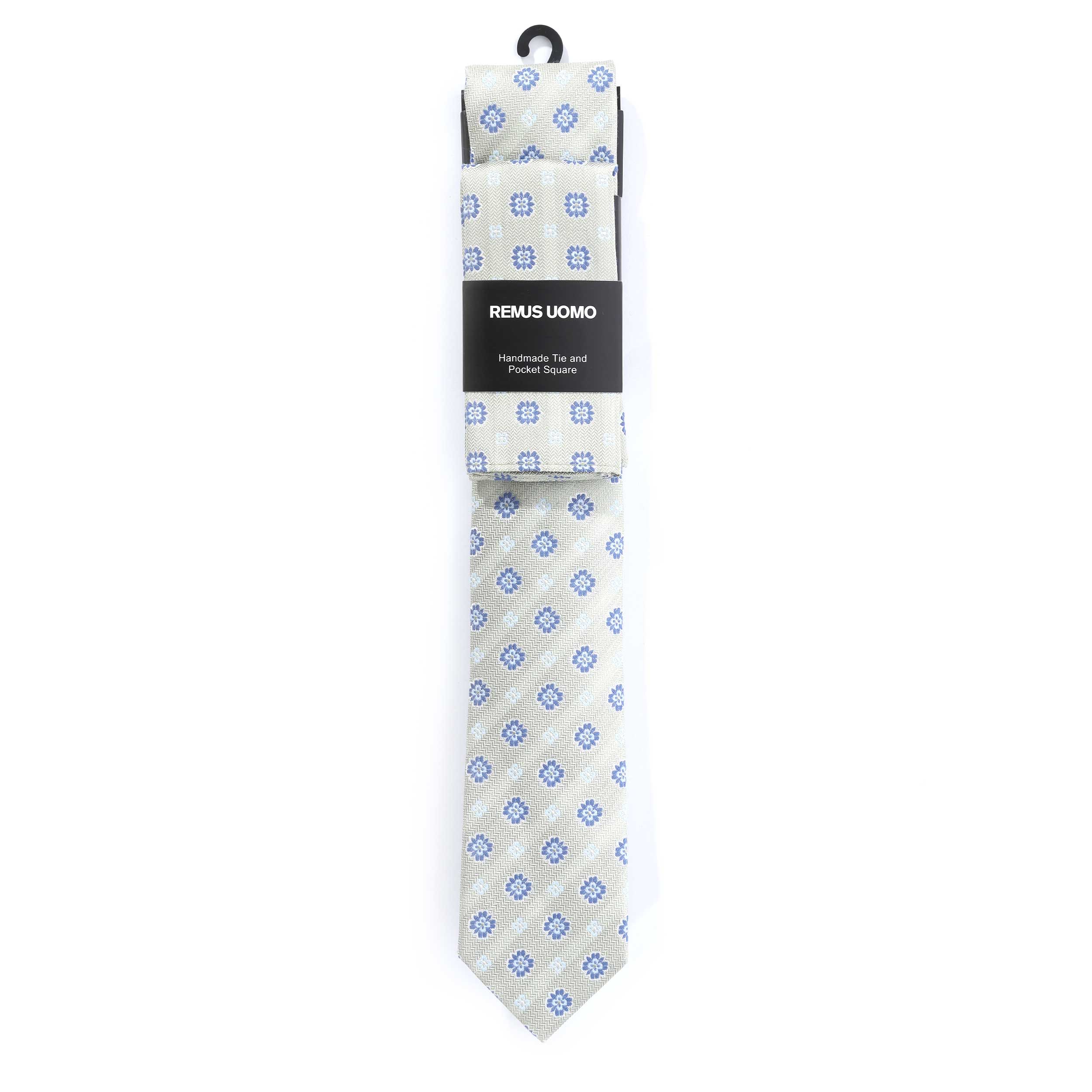 Remus Uomo Geometric Floral Tie & Hank Set in Mint