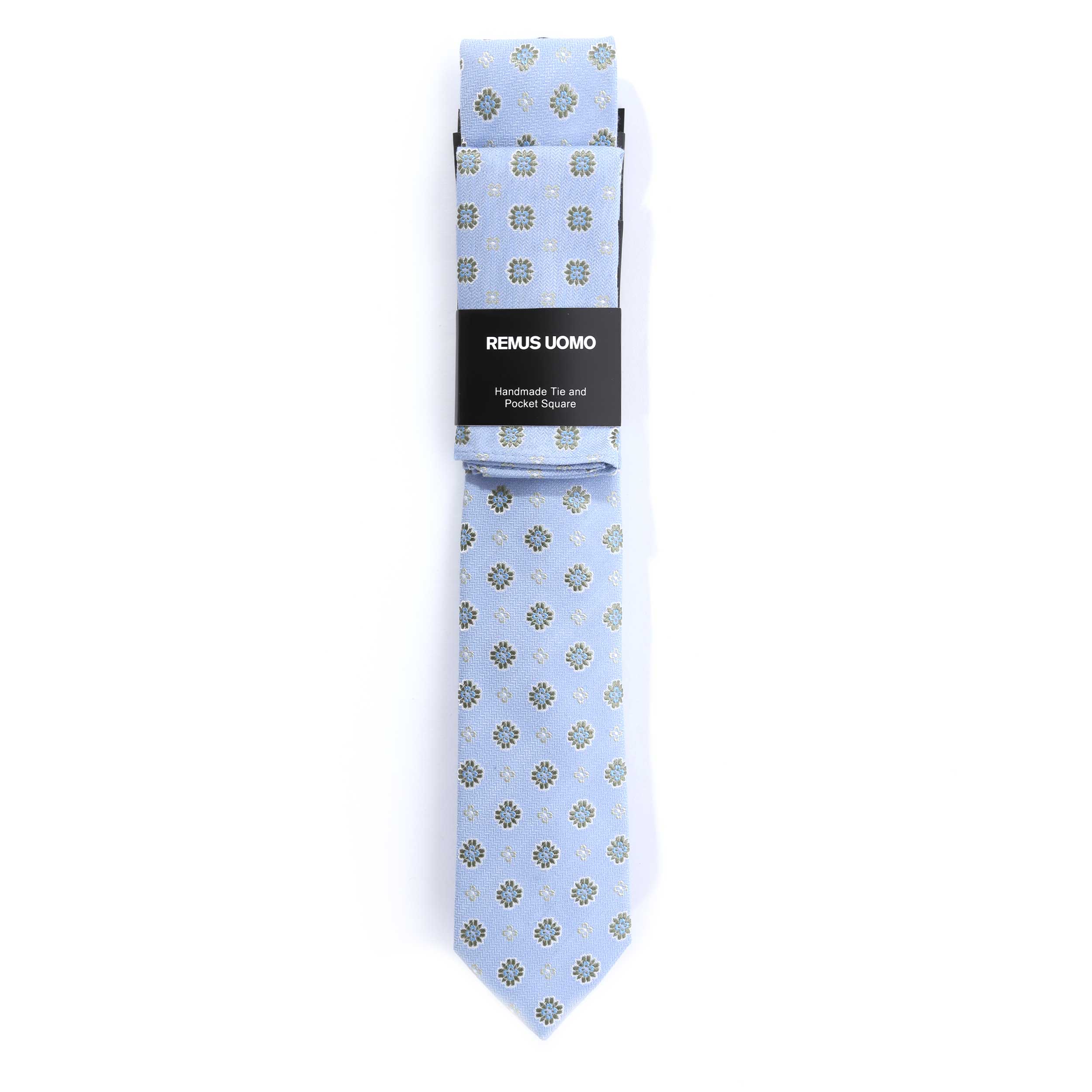 Remus Uomo Geometric Floral Tie & Hank Set in Sky Blue