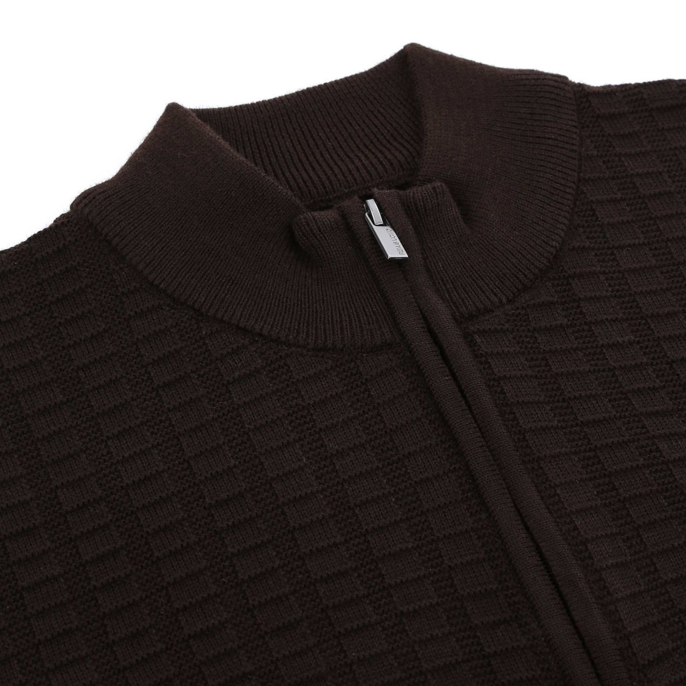 Remus Uomo Grid & Tuck Quarter Zip Knitwear in Brown Placket
