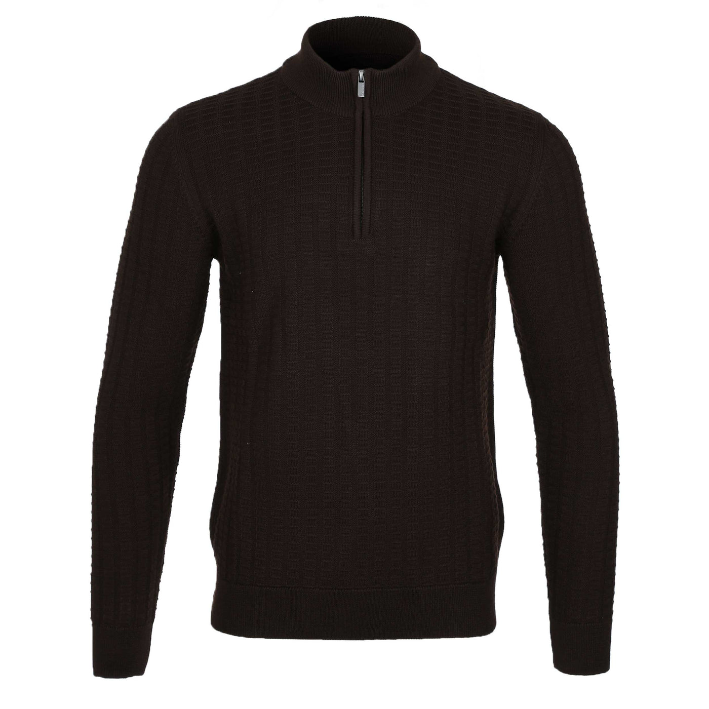 Remus Uomo Grid & Tuck Quarter Zip Knitwear in Brown