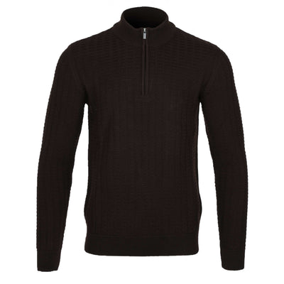 Remus Uomo Grid & Tuck Quarter Zip Knitwear in Brown