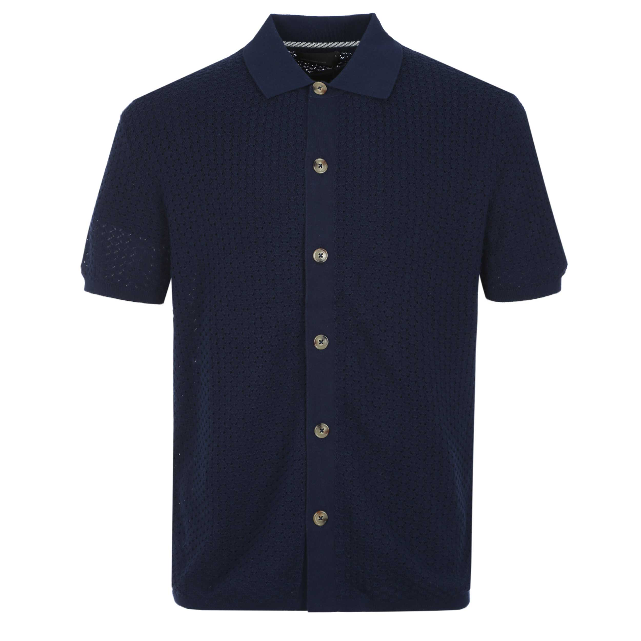 Remus Uomo Knitted Open Weave SS Shirt in Navy