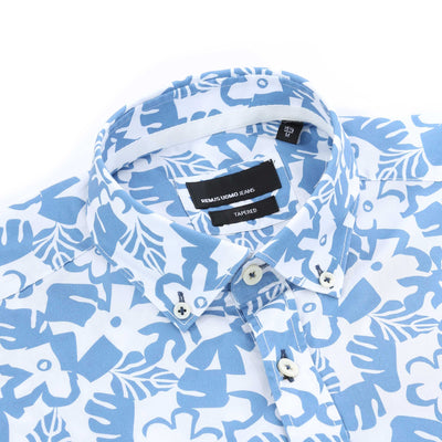Remus Uomo Leaf Floral Print Short Sleeve Shirt in Blue White Collar