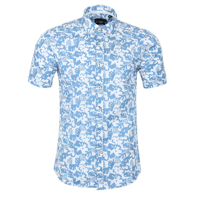 Remus Uomo Leaf Floral Print Short Sleeve Shirt in Blue White