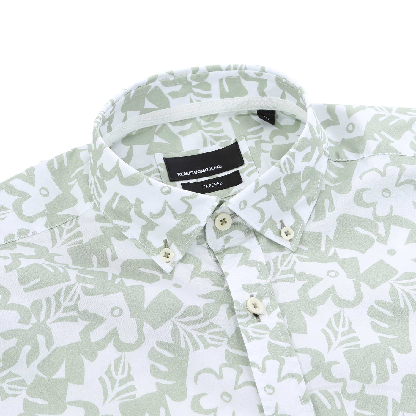 Remus Uomo Leaf Floral Print Short Sleeve Shirt in Mint White Collar