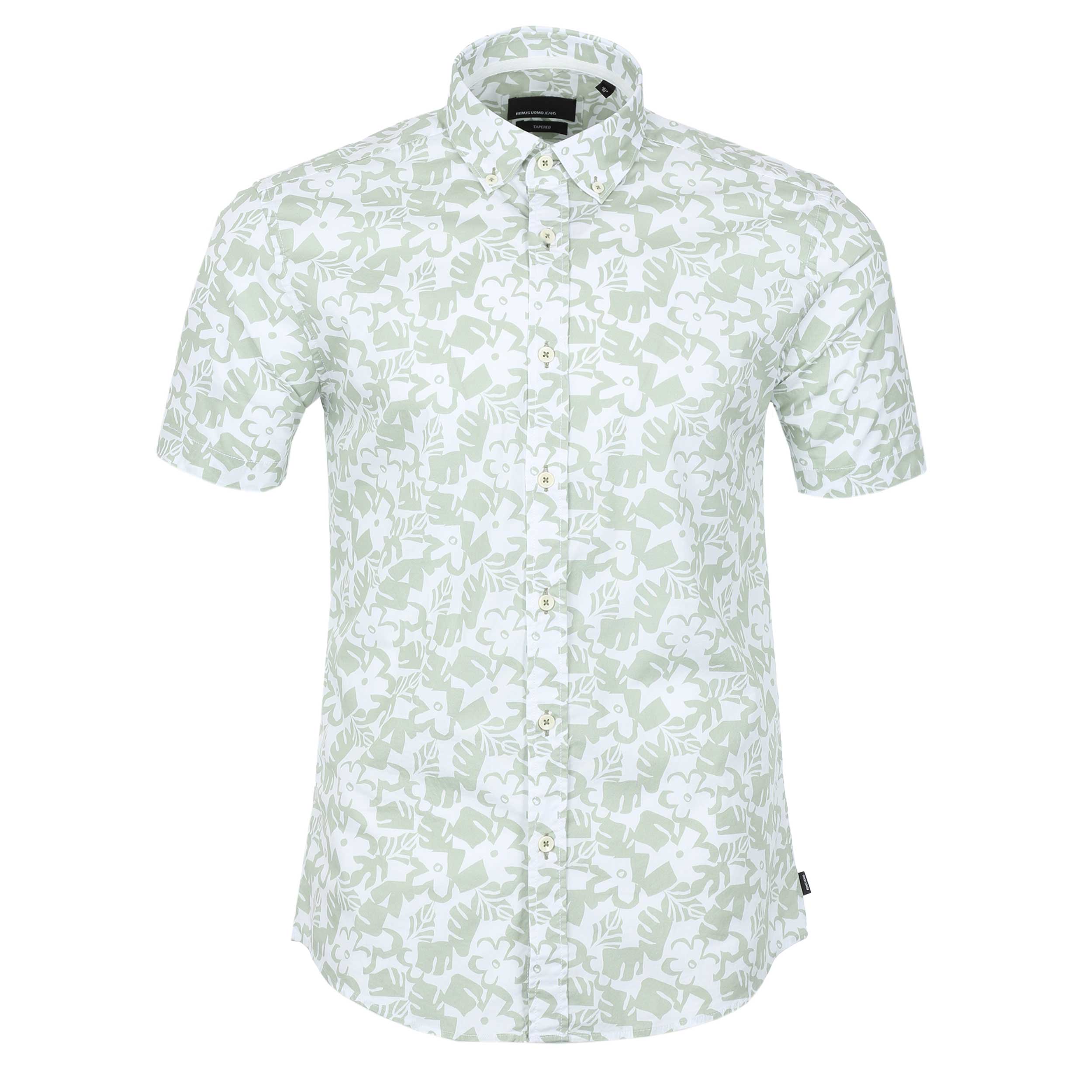 Remus Uomo Leaf Floral Print Short Sleeve Shirt in Mint White