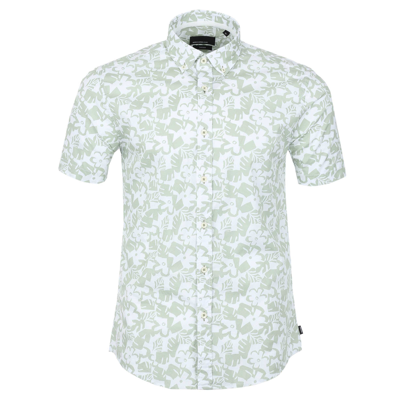 Remus Uomo Leaf Floral Print Short Sleeve Shirt in Mint White