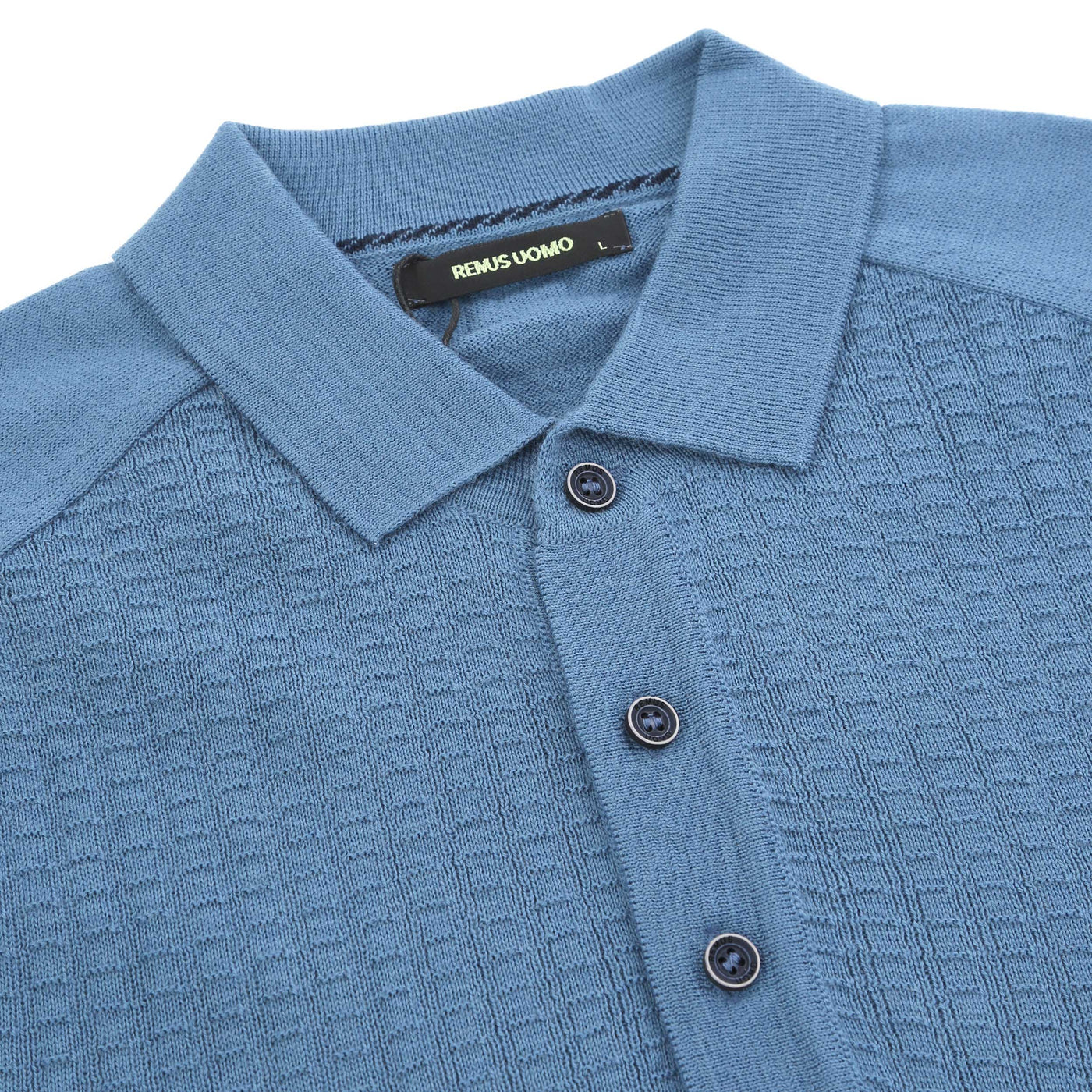 Remus Uomo Micro Grid Knitted Polo in Blue Placket