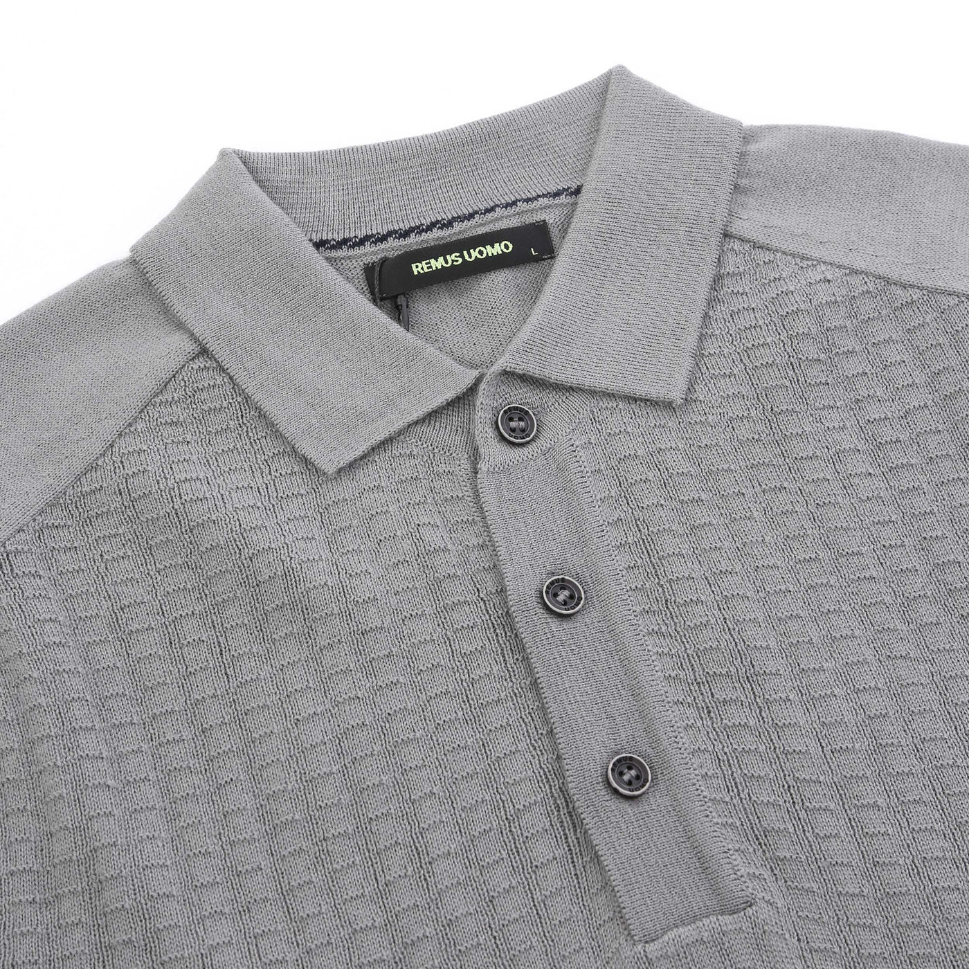 Remus Uomo Micro Grid Knitted Polo in Grey Placket