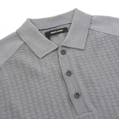 Remus Uomo Micro Grid Knitted Polo in Grey Placket