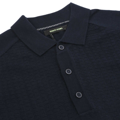 Remus Uomo Micro Grid Knitted Polo in Navy Placket