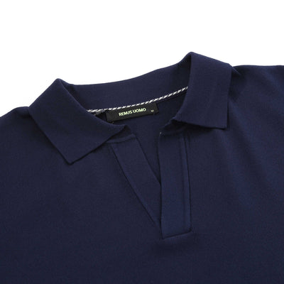Remus Uomo Open Collar Polo Shirt in Navy Collar