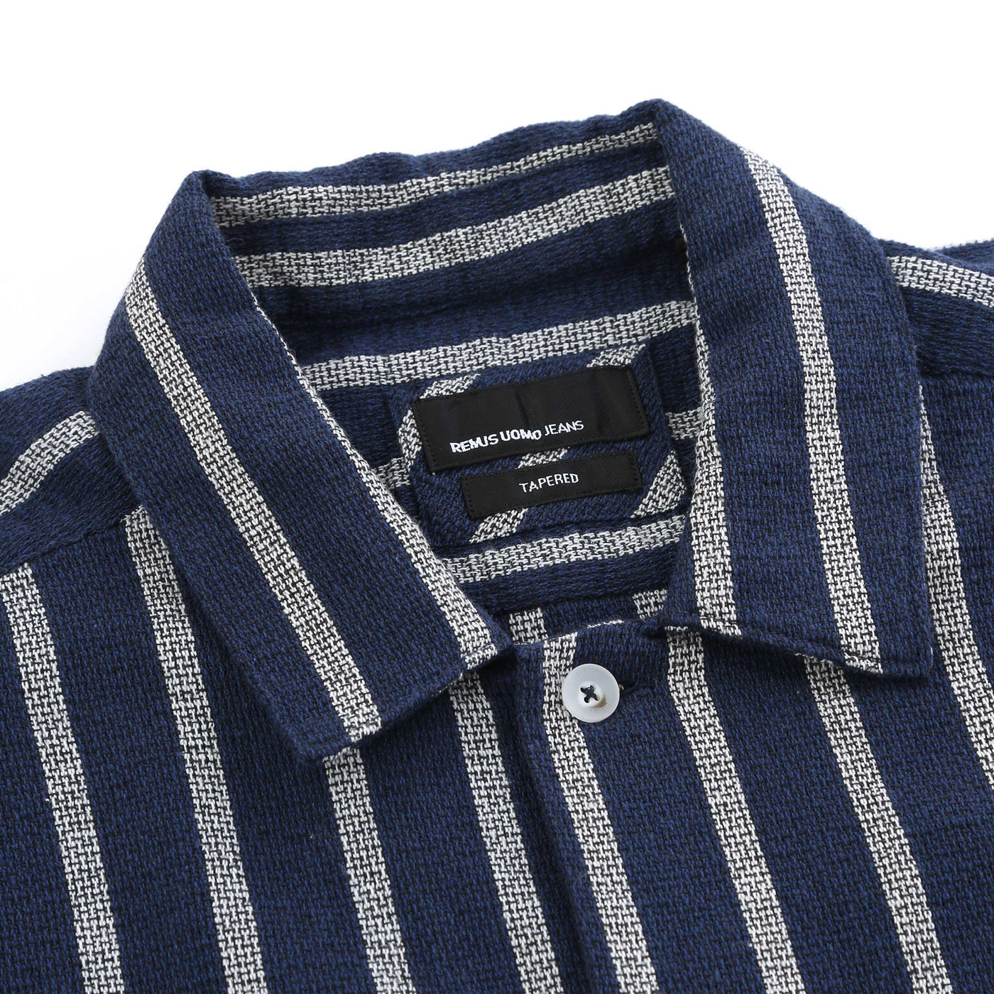 Remus Uomo Paolo Chalk Stripe SS Shirt in Navy Collar