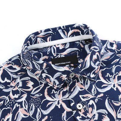 Remus Uomo Parker Floral Print Short Sleeve Shirt in Navy Collar