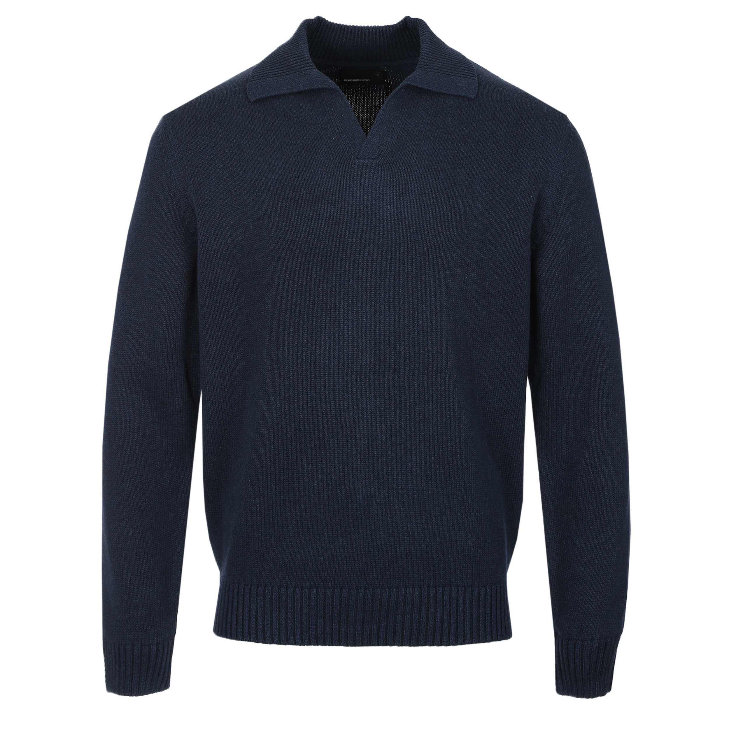 Remus Uomo Ribbed Skipper Collar Knitwear in Navy