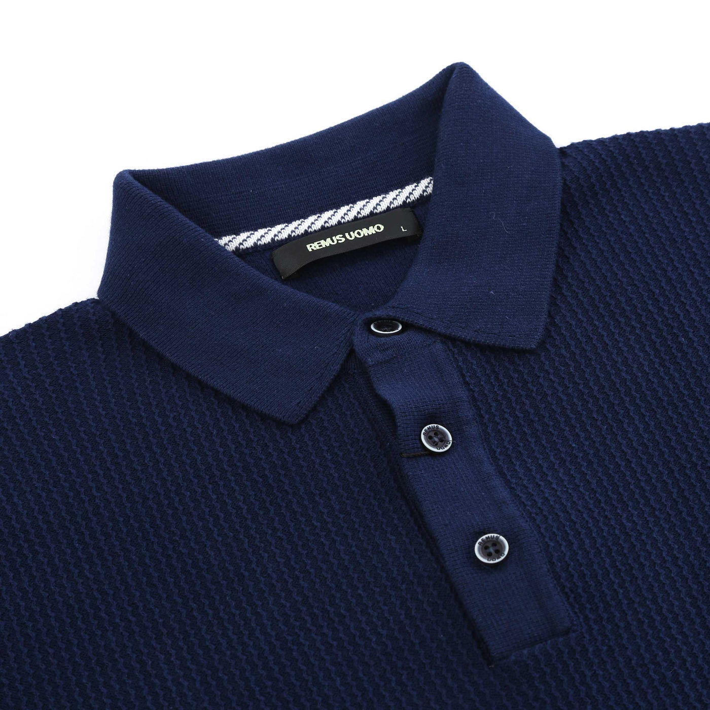 Remus Uomo Seersucker Knitted Polo Shirt in Navy Placket