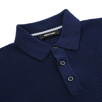 Remus Uomo Seersucker Knitted Polo Shirt in Navy Placket