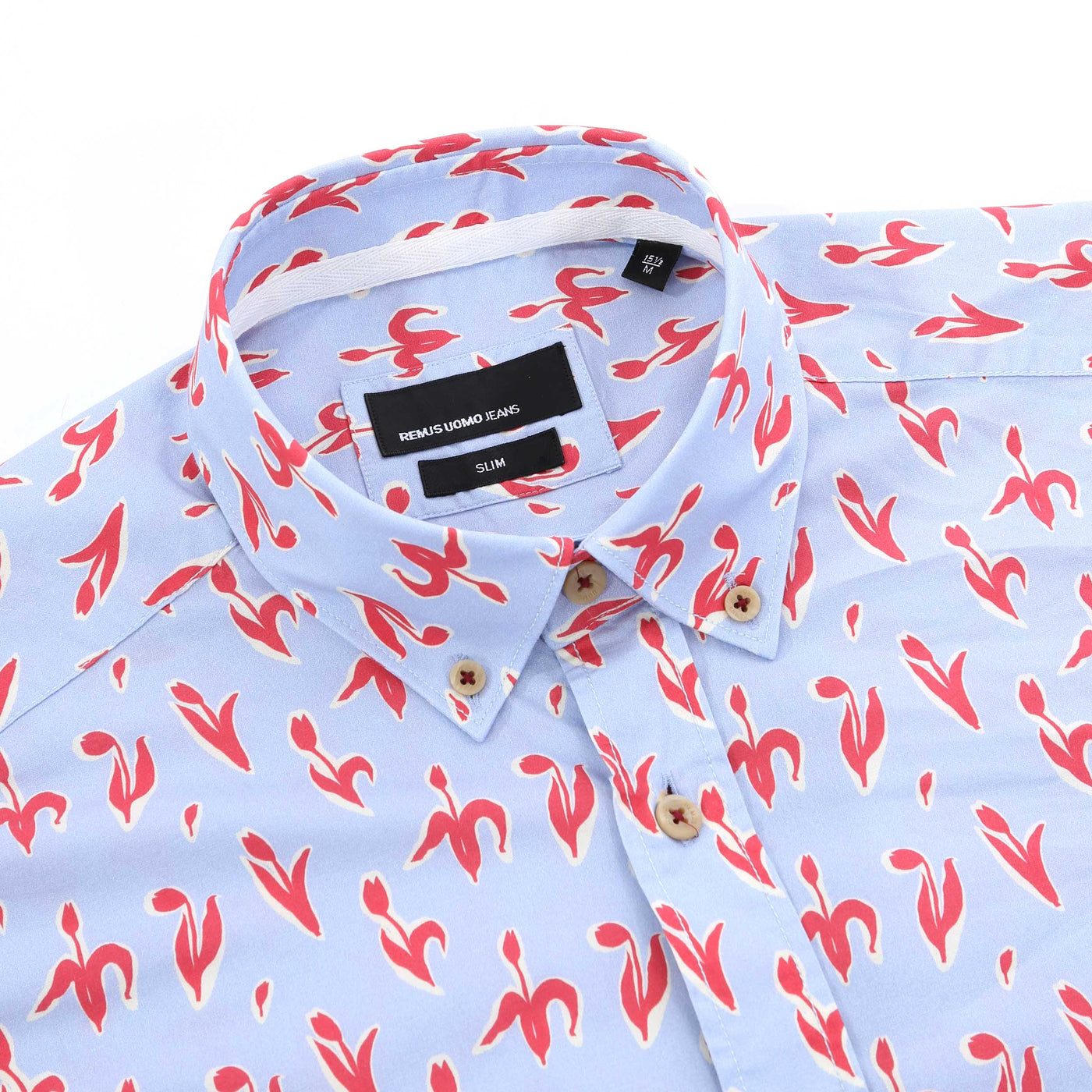 Remus Uomo Small Floral Print Short Sleeve Shirt in Sky Blue & Red Collar