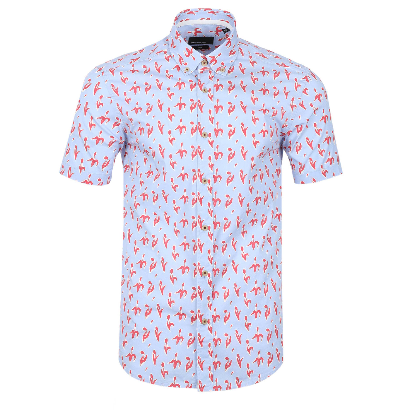 Remus Uomo Small Floral Print Short Sleeve Shirt in Sky Blue & Red