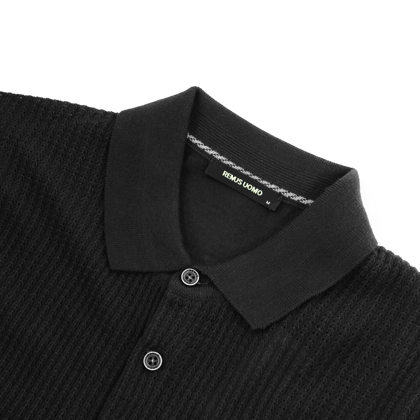 Remus Uomo Waffle Front Knitted Polo in Black Collar