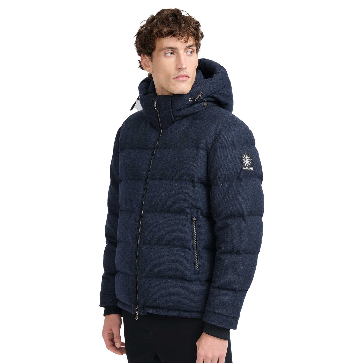 Sandbanks Banks Wool Puffer Jacket in Navy Model Side