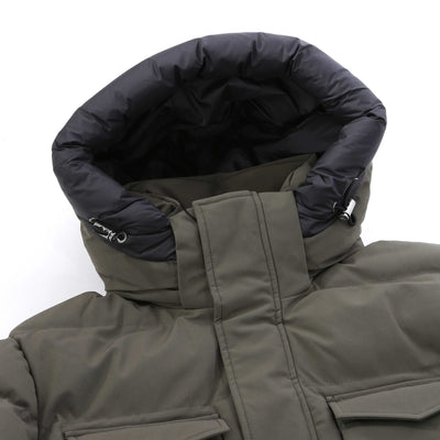 Sandbanks Branksome Long Puffer Jacket in Khaki Hood