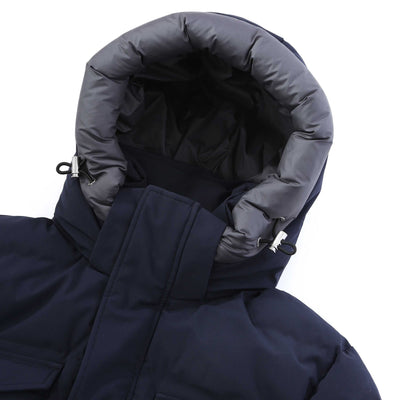 Sandbanks Branksome Long Puffer Jacket in Navy Hood