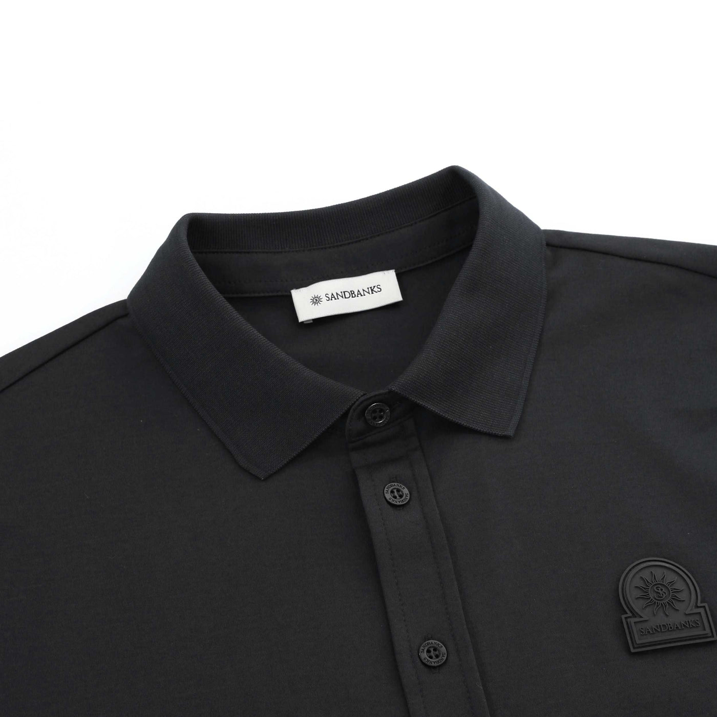 Sandbanks Interlock Full button Polo Shirt in Black Collar